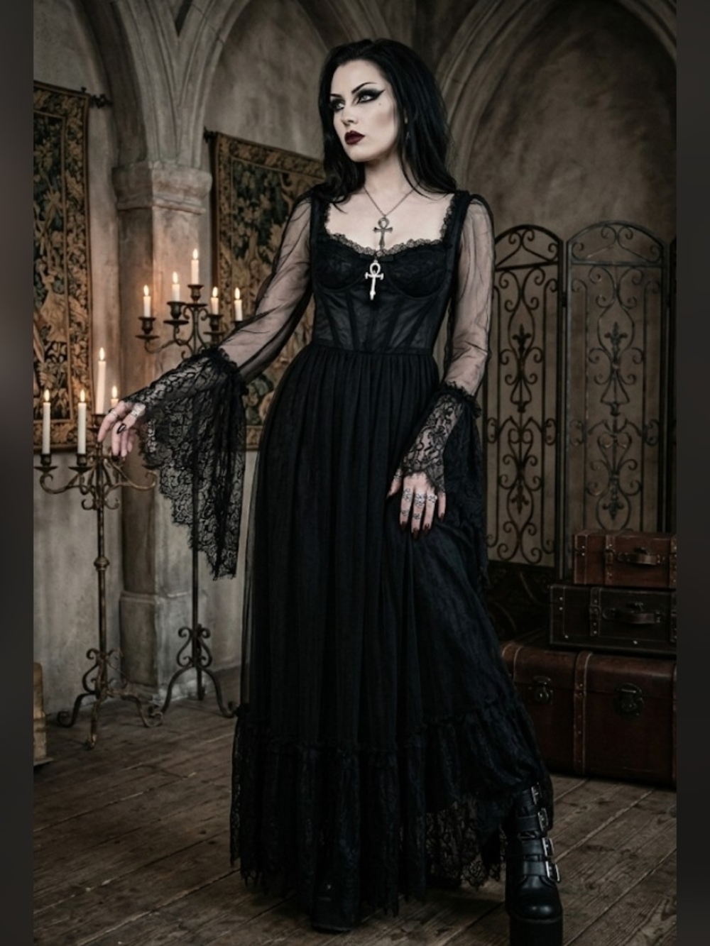 NWT Widow Dance with Death Maxi Dress in Black -Lace Gothic Dolls Kill Dress, M